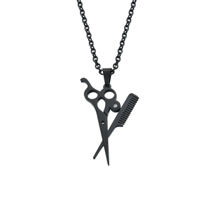 Hip hop titanium steel necklace featuring a black scissor and comb pendant with rhinestone