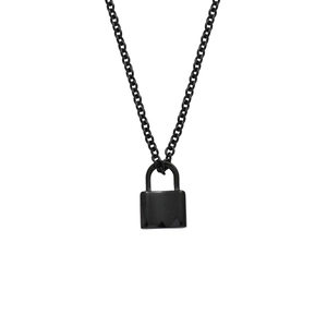 Minimalist black lock pendant necklace with sleek stainless steel O-chain for men