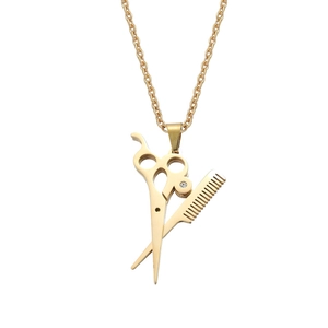Hip hop style gold plated titanium steel necklace with scissor and comb pendant