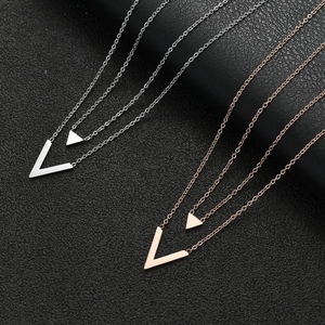Double-layered stainless steel necklace featuring V-shape and triangle pendants