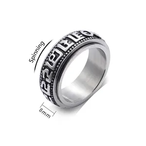 Vintage Stainless Steel Spinner Ring For Men Buddhist Mantra Religious Om Mani Padme Hum Rotatable Anxiety Relief Band Ring