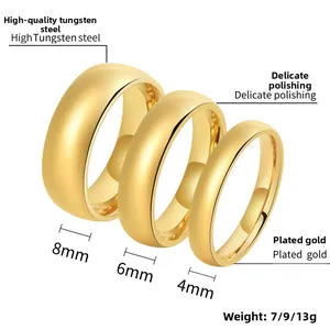 Polished gold tungsten rings shown in 4mm, 6mm, and 8mm widths with weight details