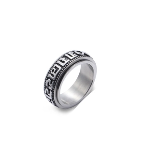 Vintage stainless steel spinner ring for men featuring embossed Six-Character Mantra symbols