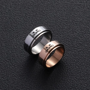 Bague rotative tête de chat en acier inoxydable argent et or rose pour homme et femme