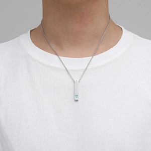 Minimalist silver vertical bar pendant necklace with Forever Love engraving and blue zircon