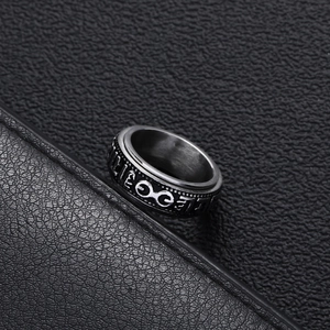 Vintage titanium steel rotating ring with engraved mantra for men, industrial style