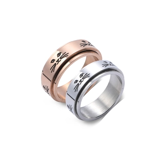 Bague Rotative en Acier Inoxydable Visage de Chat Anneau de Soulagement du Stress Motif Animal Mignon Bijoux Unisexe Cadeau
