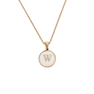 Minimalist gold stainless steel necklace with round white enamel letter W pendant