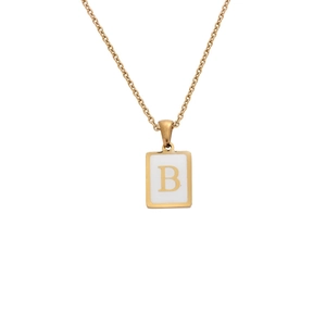 Gold stainless steel necklace featuring a white rectangular letter B initial pendant