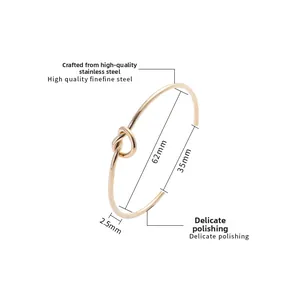 Detail of rose gold knot bangle showing measurements: 62mm diameter and 2.5mm thickness