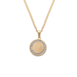 Gold stainless steel medical caduceus pendant necklace with white cubic zirconia inlay