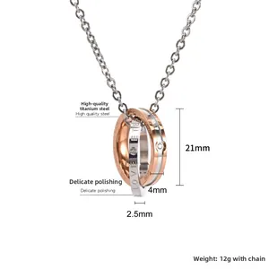 Detail showing dimensions of interlaced rings necklace with crystal and engraving