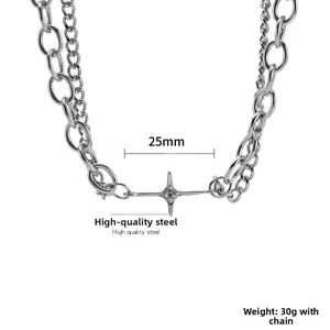 Macro detail of 25mm stainless steel star pendant necklace with cubic zirconia