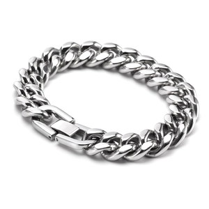 Bracelet gourmette cubaine en acier inoxydable argenté poli avec fermoir à clip carré