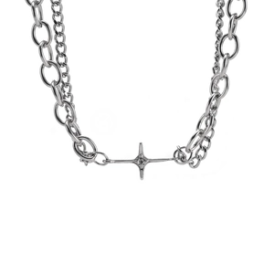 Double-layered silver necklace with star pendant and crystal for hip-hop style