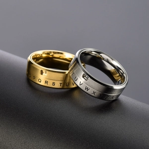 Rotating stainless steel rings with letter engraving and calendar window detail