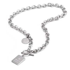 Collier en acier titane argenté avec pendentif carré et pièce de monnaie pour homme avec boucle