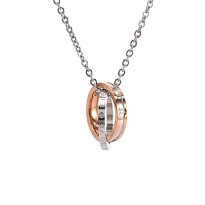Interlocking double ring necklace in silver and rose gold with Love Eternal engraving