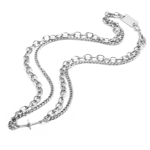 Double Layer Stainless Steel Cross Star Pendant Necklace For Men Women Hip Hop Street Style Silver Rhinestone Jewelry Gift