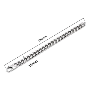 Top view of 10mm wide stainless steel Cuban chain bracelet with dimensions 180mm and 10mm