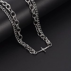 Double-layered stainless steel cross pendant necklace with silver chain for hip hop style