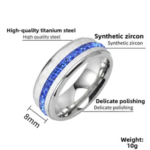 Detailed view of 8mm brushed silver ring with blue square zircon inlay and dimensions