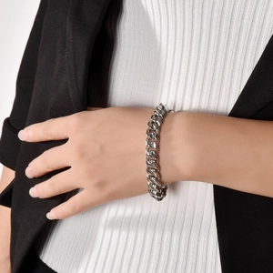 Polished silver stainless steel cuban link bracelet for men in hip hop punk style