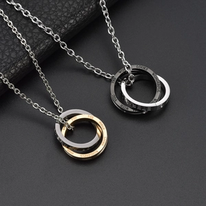 Interlocking double ring necklaces in silver, black and gold with Eternal Love engraving