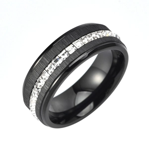 Fashion Brushed Stainless Steel Ring For Men Women Square Rhinestone Inlaid Band Ring Hip Hop Trend Jewelry Gift