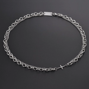 Double-layered stainless steel necklace featuring a cross pendant and a metal tag