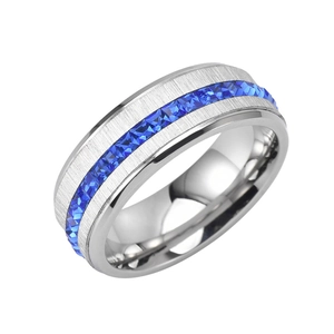 Men's brushed stainless steel ring with deep blue square-cut gemstones in a circle