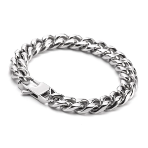 Men's wide stainless steel Cuban link bracelet with a polished finish and secure square clasp