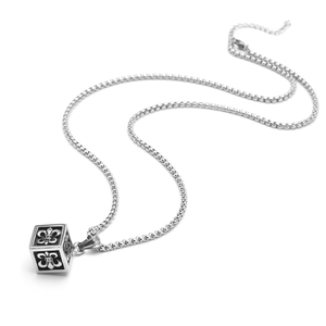 Retro titanium steel cube pendant necklace with fleur-de-lis engravings on a box chain