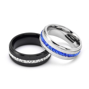 Men's brushed stainless steel rings set with black plating and cz inlay gemstones