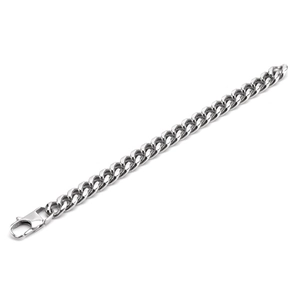 Men's wide stainless steel Cuban link bracelet with polished silver finish and lobster clasp