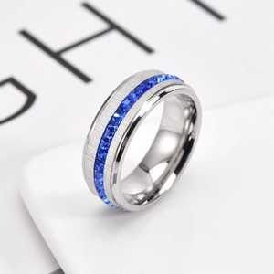 Men's brushed stainless steel ring with channel-set square blue sapphire stones