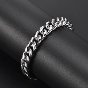 Mens thick polished silver stainless steel cuban link chain bracelet in punk style
