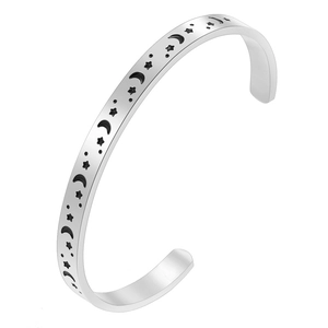 Minimalist silver stainless steel C-shaped cuff bracelet with star and moon enamel patterns