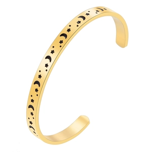 Minimalist Stainless Steel Star Moon C-Shaped Cuff Bracelet For Women Men Geometric Celestial Open Bangle Fashion Jewelry Gift