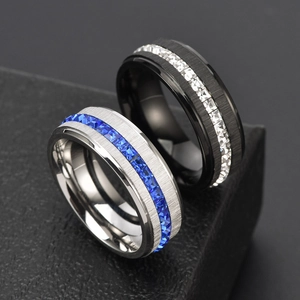 Men's black and silver brushed stainless steel rings with square zirconia inlays