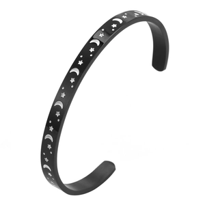 Minimalist black stainless steel C-shaped cuff bracelet with hollow moon and star patterns