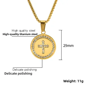 Polished gold titanium steel cross pendant with crystals 29mm diameter 11g weight