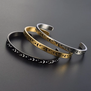 Three-piece stainless steel C-shaped open bracelets with star and moon cutout designs