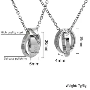 Fashion Stainless Steel Interlocking Double Ring Pendant Necklace For Couples Engraved Love Eternal Zirconia Inlaid Jewelry Gift