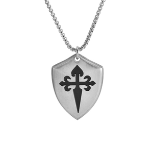 Collier Pendentif Bouclier Croix de Santiago en Acier au Titane Brossé Hip Hop pour Hommes Punk Émail Rouge Noir Bijoux