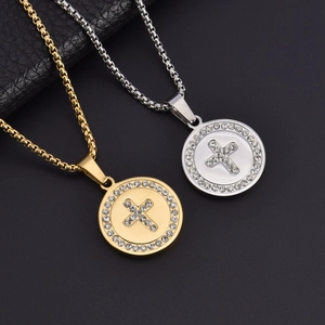 Gold and silver round crystal cross pendant necklaces with sparkling stones and box chain