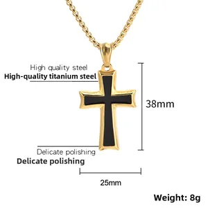 Detailed view of gold steel cross pendant with black enamel inlay and 38x25mm dimensions