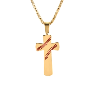 Pendentif croix de baseball doré pour hommes avec détails de couture rouges et chaîne