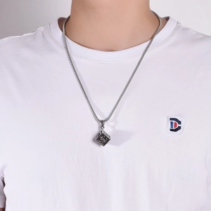 Retro titanium steel cube pendant necklace with vintage engraving on long chain
