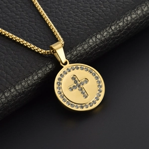 Gold round medallion cross pendant necklace with white crystals and box chain for men and women